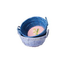 Mini Round Raffia Basket Embroidered Swans or Snowdrop Rice DK